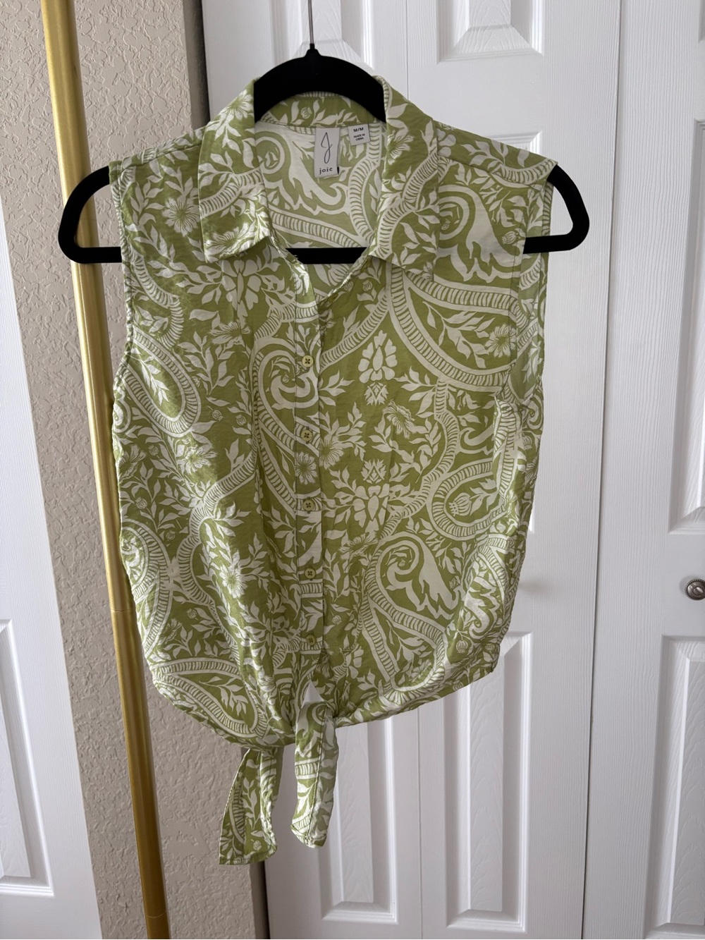 Joie Olive Top Green and White Printed Button-Up Tie Size M 90s Y2K